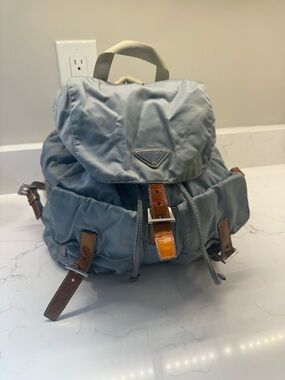 Prada ice blue/grey Nylon Backpack with Leather Trim